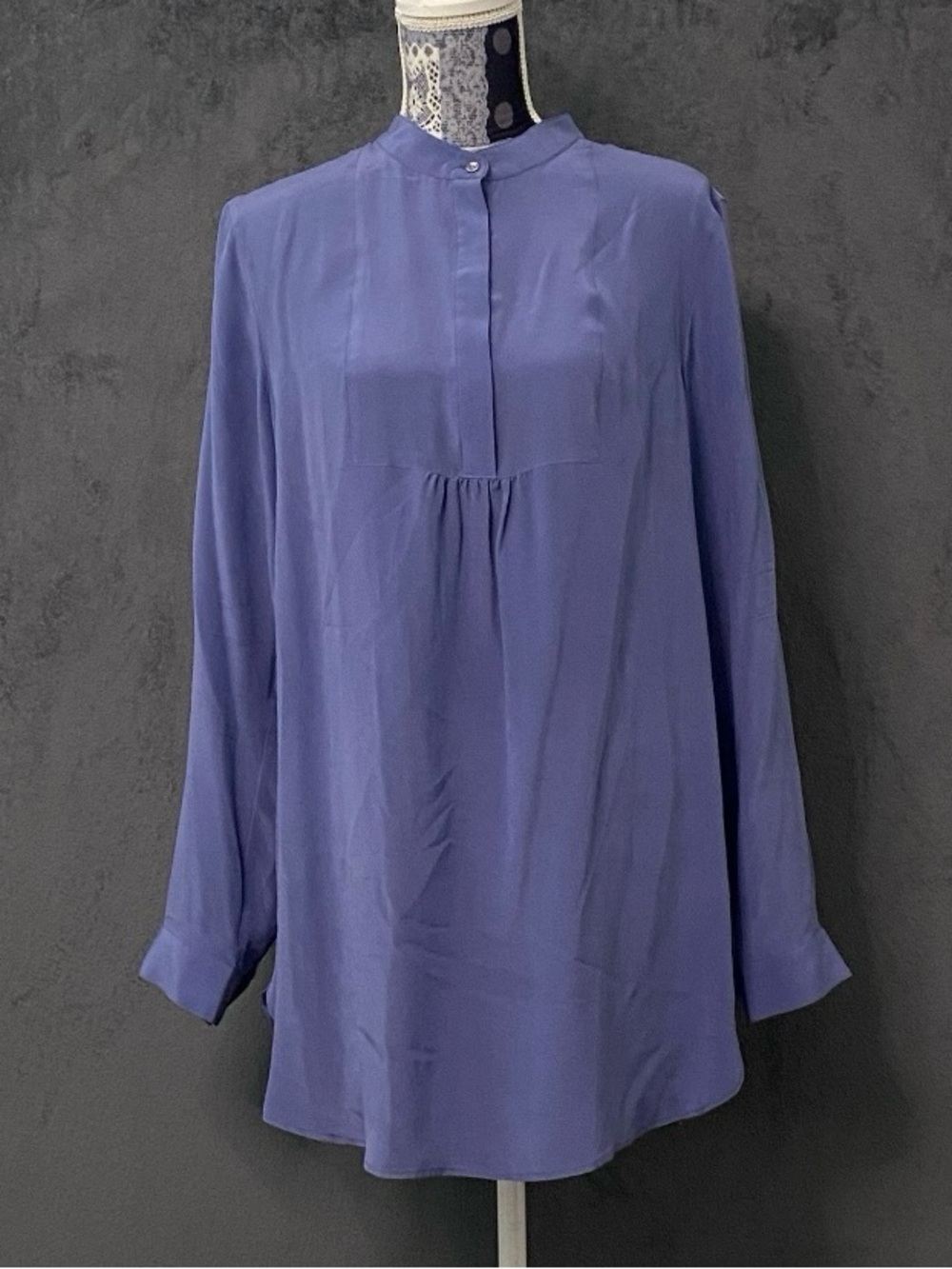 Lands End Silk Blouse Womens 14 Blue Long Sleeve 1/4 Button Up Top Minimalist